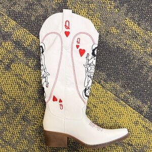 Queen of Hearts White Heeled Boots